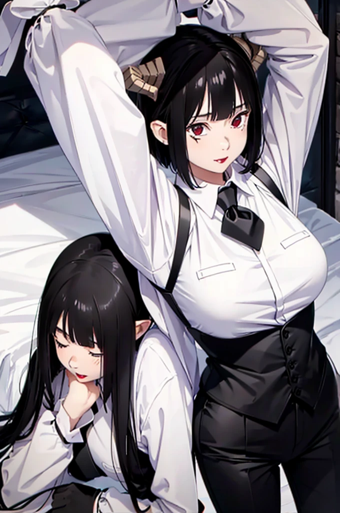 work of art, best qualityer, high resolution, 1girl horns short hair demon tail, white shirt black ascot black gloves black pants black vest lying on your back, sheet, arms up,blushed,face red,Hands behind the head,ssmile,Bblack hair
