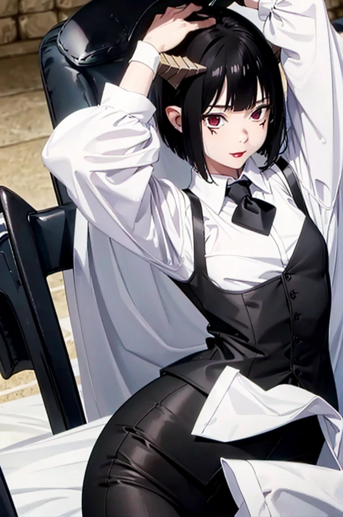 work of art, best qualityer, high resolution, 1girl horns short hair demon tail, white shirt black ascot black gloves black pants black vest lying on your back, sheet, arms up,blushed,face red,Hands behind the head,ssmile,Bblack hair
