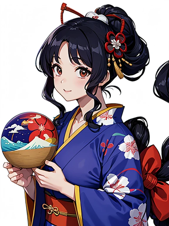 (Highest quality、masterpiece、High resolution、8K)、Ukiyo-e、Vibrant colors、Katsushika Hokusai、1 female、Black hair Japanese topknot、whole body、The kimono has a vivid floral pattern on a white background.、Official Art、背景はUkiyo-e風、White waves and Mt. Fuji、Flowers and Moon、White waves and the moon