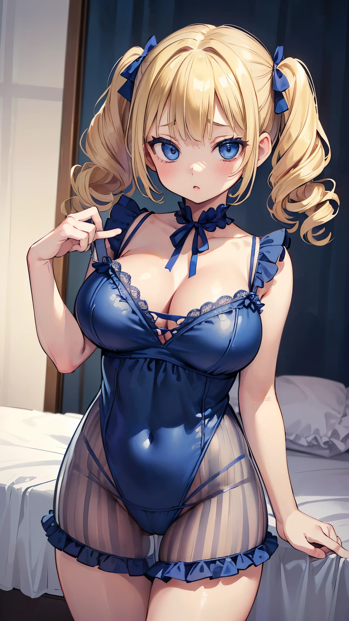 (())、((Blonde,short hair, Twin tails, Two Side Up Hair,Curly Hair))、((Very large breasts))、Cleavage、,(Highest quality), Realistic, (live-action, Intricate details), ((Immature girl))、((Young body))、((Naughty negligee)), ((Open lips))、((big blue eyes)),((Bedroom))、((Sexy negligee))、Are standing、Cowboy Shot