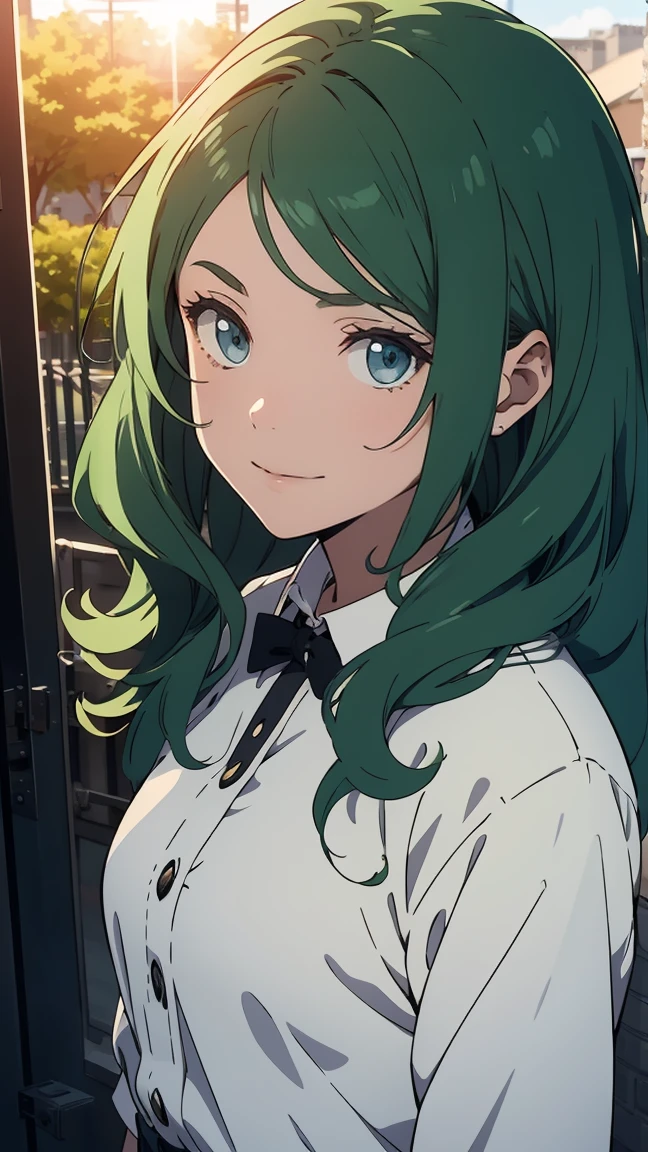 green eyes, (green hair),((wavy hair)),  uniform,one girl, alone,very beautiful, best quality, amazing quality, curated, shape, highly detailed, anime coloring,highly detailed, official art, warm tones, sun flare, soft shadows, vibrant colors,highly detailed, official art,((hairstyle with bangs)),facial expression pattern,smile,