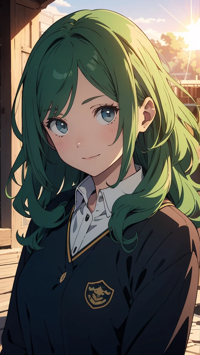 green eyes, (green hair),((wavy hair)),  uniform,one girl, alone,very beautiful, best quality, amazing quality, curated, shape, highly detailed, anime coloring,highly detailed, official art, warm tones, sun flare, soft shadows, vibrant colors,highly detailed, official art,((hairstyle with bangs)),facial expression pattern,smile,