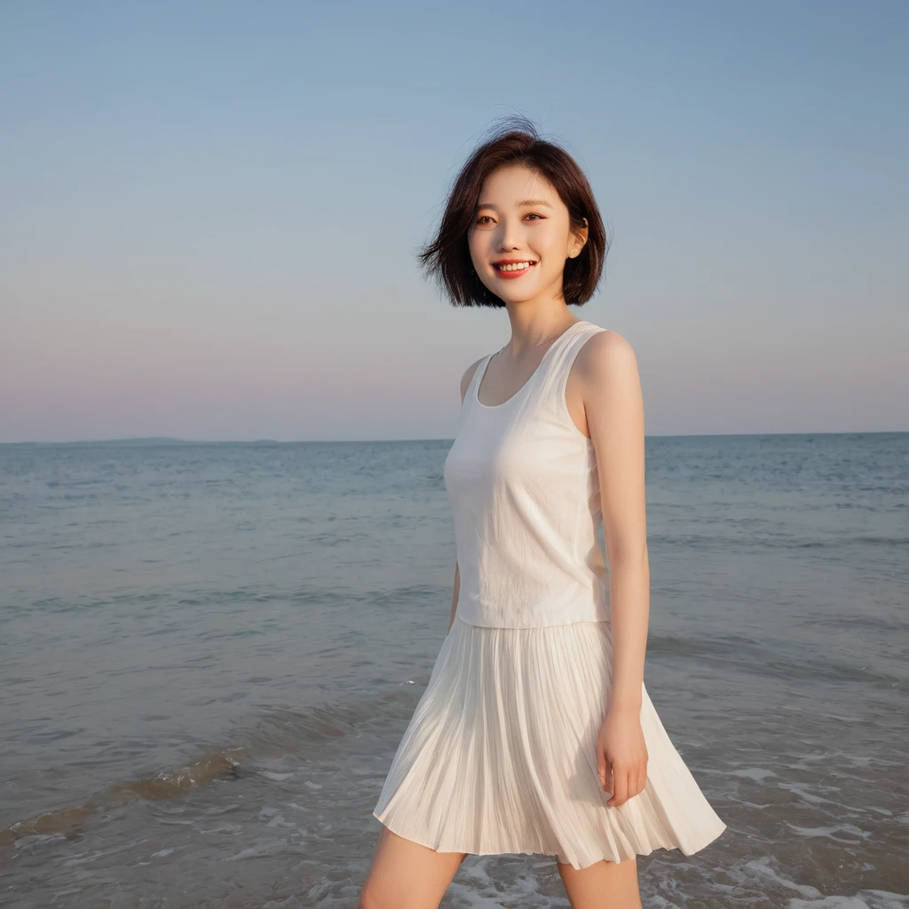gentle red sun at sunset on the beach,A soft lingering scent is reflected in the sea., Beautiful 36-year-old short Korean woman, Chest size 34 inches, Wear white sleeveless, lightweight mid length skirt. beautiful pretty woman look , wearing a light skirt , Go far into the sea water and dip your toes., Short medium hair blowing in the wind, 1 woman, beautiful eyes, Smiling, Full-body photo taken from afar with a wide-angle lens, The background is clean and perfect., the waves are coming, short woman