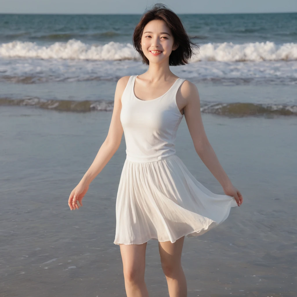 gentle red sun at sunset on the beach，A soft lingering scent is reflected in the sea., Beautiful 36-year-old short Korean woman, Chest size 34 inches, Wear white sleeveless, lightweight mid length skirt. beautiful pretty woman look , wearing a light skirt , Go far into the sea water and dip your toes., Short medium hair blowing in the wind, 1 woman, beautiful eyes, Smiling, Full-body photo taken from afar with a wide-angle lens, The background is clean and perfect., the waves are coming, short woman