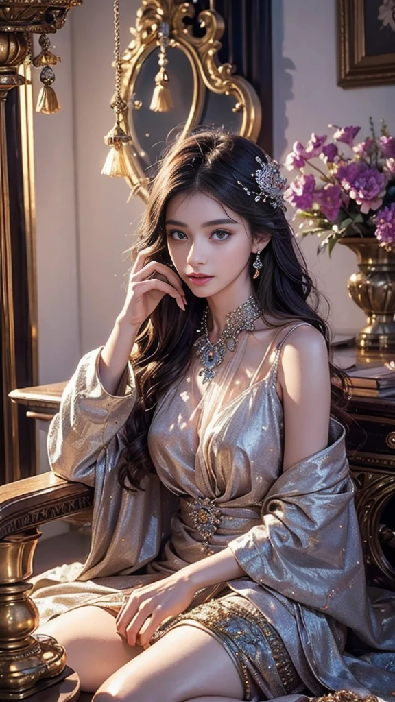 Full figure, -clinging shooting, 18 years old, wearing  firefly clothes, strap clothes, glowing clothes, detailed jewellery, ornaments, exquisite faces, details, hands, ultimate details, amazing magnificence, Pedaipan style, fiber hair, glowing silver iris, ((glowing flower)), sitting,