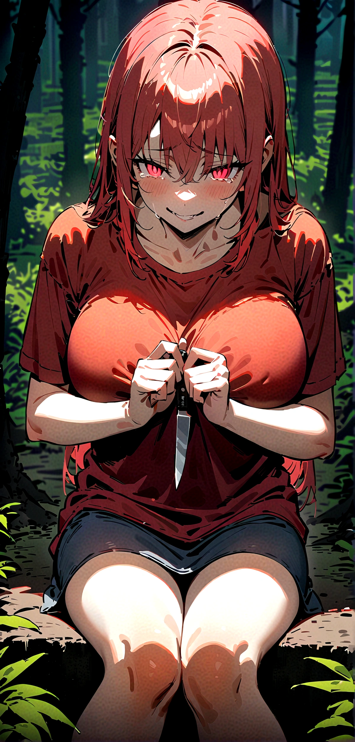 (Masterpiece:1.2, Best Quality), 1 woman, whole body, T-shirt, Casual, big breasts,long red hair, minimal makeup,pale,Natural fabrics, closeup face, evil smile, bright red eyes circular pupils,8K high resolution, detailed lines, ((whole body)), sitting in the dark forest, crying,with a knife in his hands, sangré , female mature body