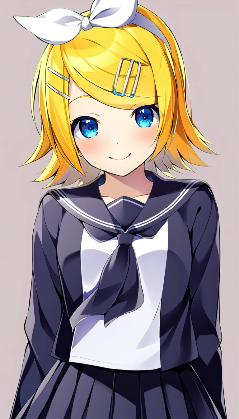 one girl, Kagamine Rin, Vocaloid, blue eyes, simple background, black sailor uniform, hair clip, hair bow, fourteen years old, cute, happy