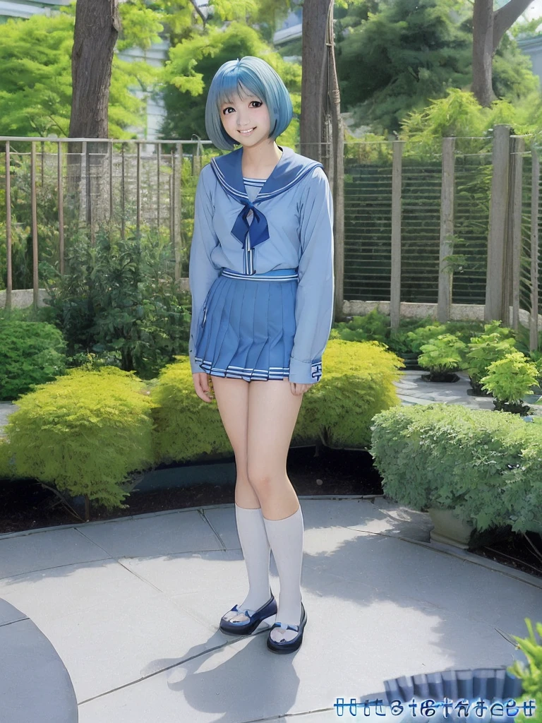 Japanese、High school girls、14 years old、One person、Sailor Mercury Cosplay、short hair、Light blue hair、smile、pose、garden、Height: 150cm