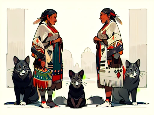 ((Masterpiece)),(((Best Quality) a girl on the left side, an animal in the middle and an old woman on the right side, the women will be indigenous