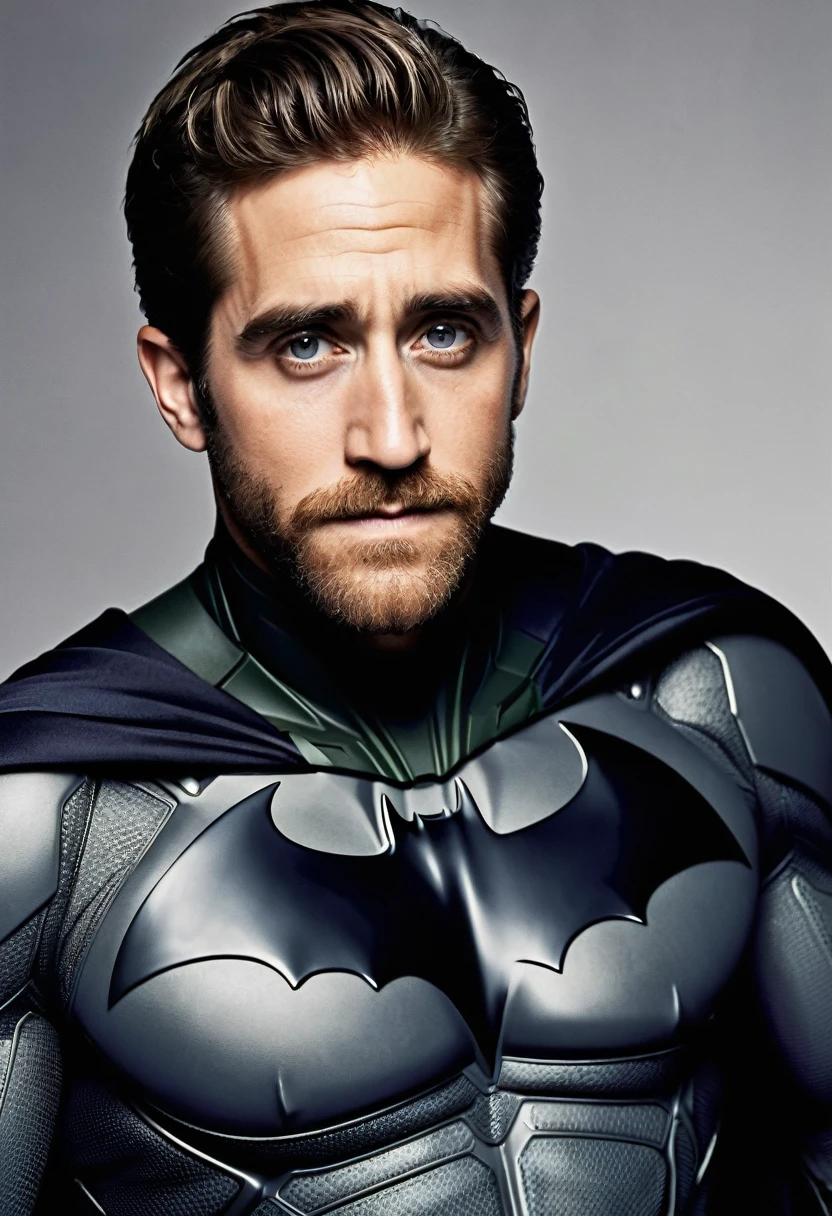 (((Extreme close-up Jake Gyllenhaal under the mantle of the Dark Knight Batman Front Images Color Splash Images)))