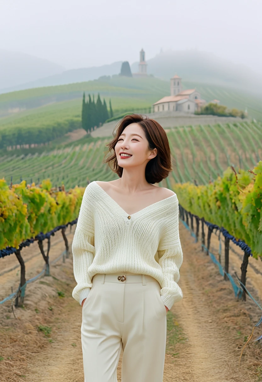 8k best picture quality, Beautiful 36-year-old Korean woman, My skin is good and my eyes are clear and pretty... clear and nice weather. Chest size 34 inches, italian countryside, past the vineyard, The cathedral is visible in the fog in the distance., The back background is realistic and vivid quality., Short and medium hair blowing in the wind, Wearing a luxurious luxury knit. casual pants, laugh. the background is clear, Short and slim Korean woman, stand far away, Photo taken with a wide-angle lens, 1 woman