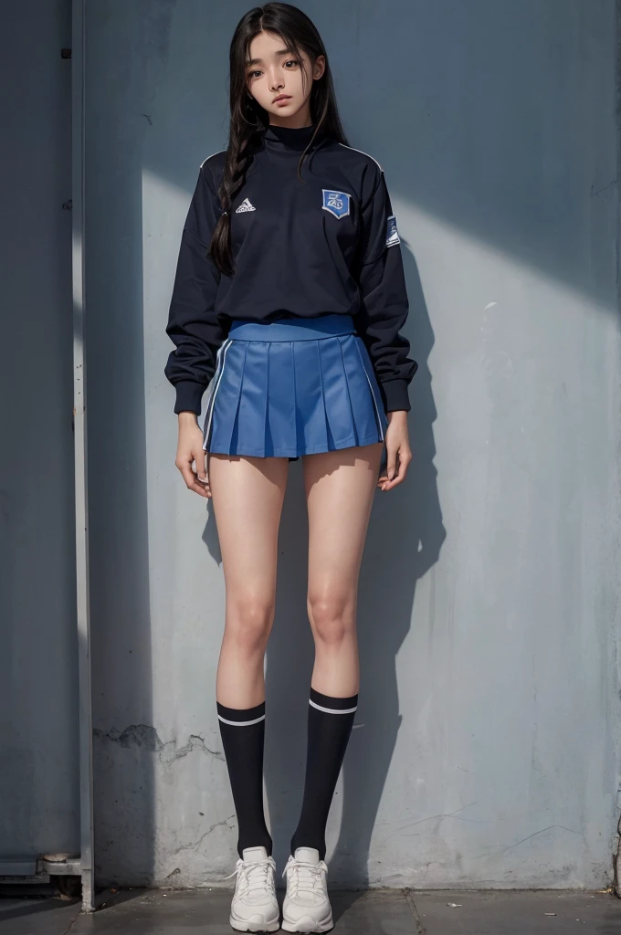 20 year old girl, blue sport uniform, long hair, high contrast (Natural skin texture, Hyperrealism, Soft Light, sharp), portrait, full body, standing