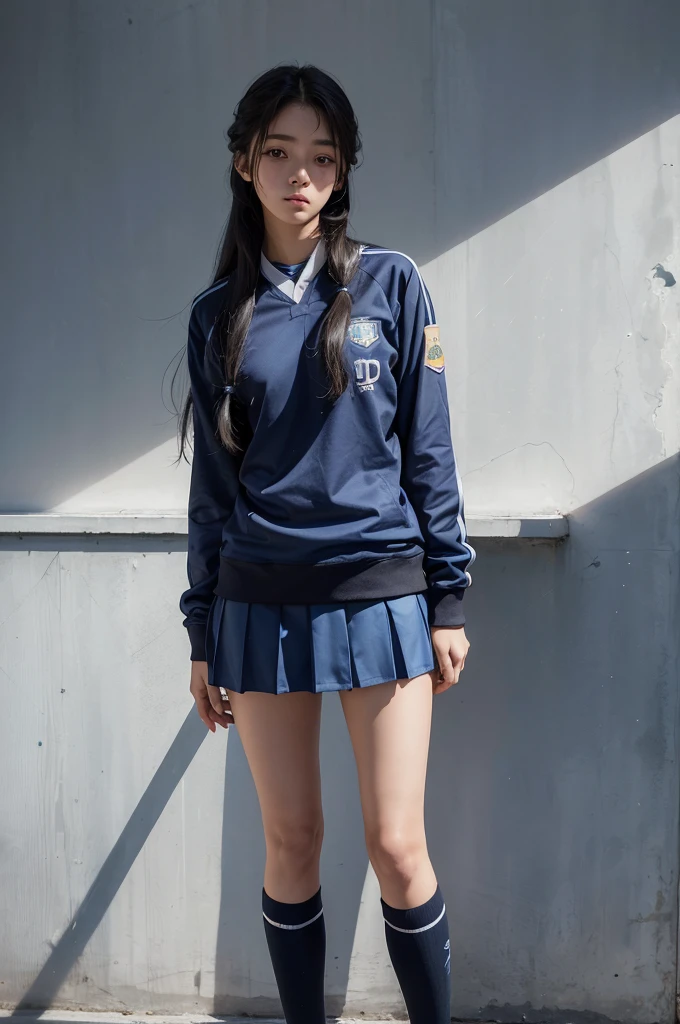 20 year old girl, blue sport uniform, long hair, high contrast (Natural skin texture, Hyperrealism, Soft Light, sharp), portrait, full body, standing