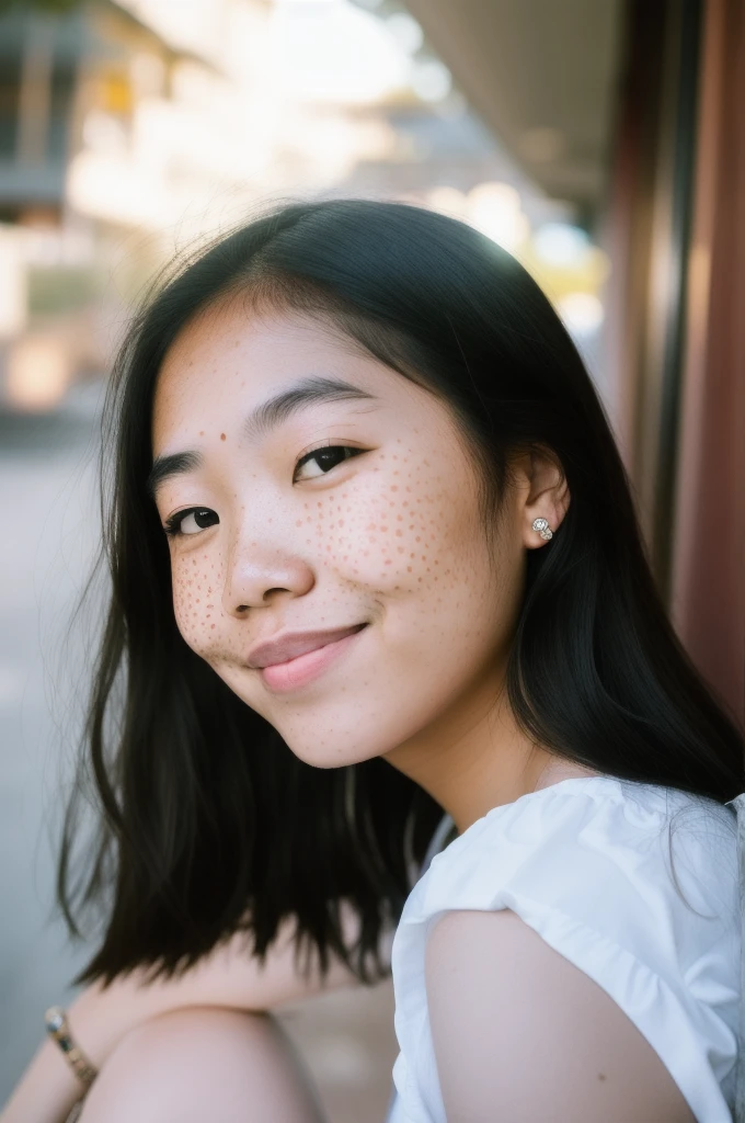 there is a woman with freckles on her face smiling, freckled face, south east asian with round face, woman with freckles, detailed face of a asian girl, with freckles, white freckles, a young asian woman, young cute wan asian face, asian face, freckled, small freckles, young asian girl, light freckles, cute freckles, sparse freckles
