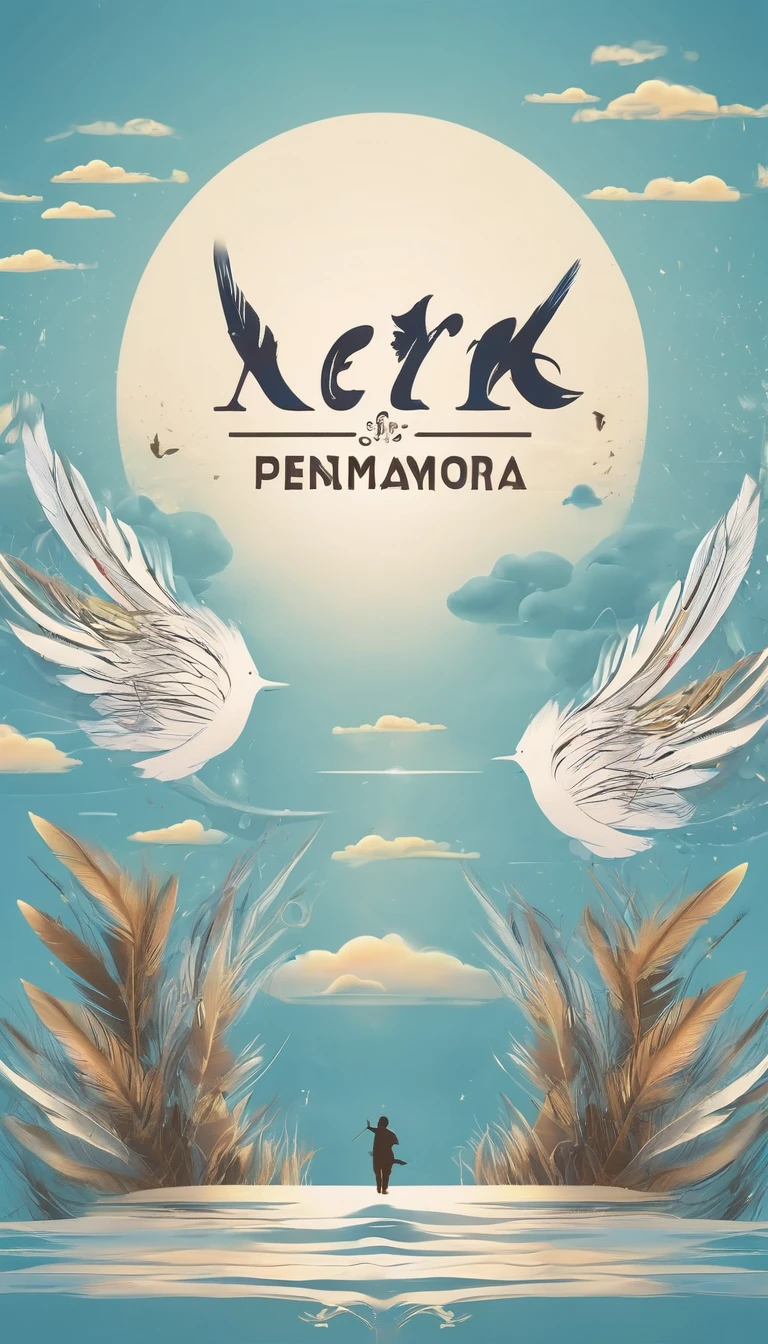 Create a professional, fantastic, cinematic dream-like Youtube Banner for a brand about music, stories, fantasy and dreams called " Penamemoria". Masterpiece, 4k, sharp focus, highest quality,wide shot. The title is " Penamemoria". Is a brand about the creative, unique journey of a boy into becoming a musician storyteller. In his journey he finds inspiration in a world of birds and feathers. Minimalistic, simple, poetic, dreamy logotype at the center of the image. The Background image is a world full of fantastic feathers, unique birds, light blue sky, soft white and light golden. Logo design of a face of a boy and a face of a feather