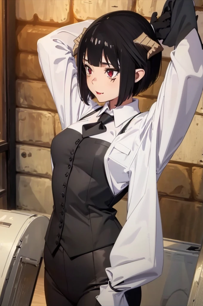 work of art, best qualityer, high resolution, 1girl horns short hair demon tail, white shirt black ascot black gloves black pants black vest lying on your back, sheet, arms up,blushed,face red,Hands behind the head,ssmile
