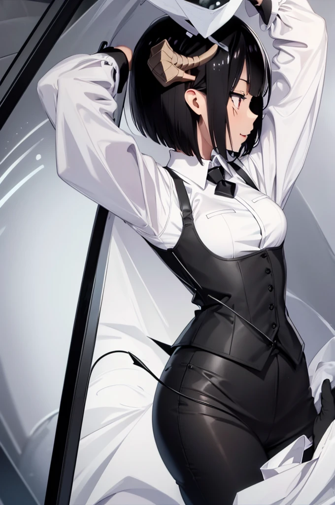 work of art, best qualityer, high resolution, 1girl horns short hair demon tail, white shirt black ascot black gloves black pants black vest lying on your back, sheet, arms up,blushed,face red,Hands behind the head,ssmile
