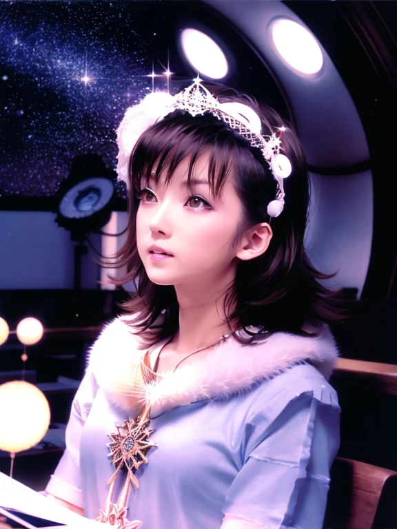 1 Girl, solo, (Chiaki), (astrologer), (white skin), (Circlet),
mysterious, Fantasy, grace, Calm, Silence, intellectual, ancient, Beyond time and space, dream, aura,
Dark eyeshadow, Star shaped glitter, Sparkling Highlights, Rich Lip Color, Smokey Eye, mysteriousなアイライナー,
Inside the observatory, Big telescope,
situation: astrologerが望遠鏡を覗き込んでいる,
effect: Starlight shines in, Constellations projected on the ceiling, mysteriousな光のライン,
