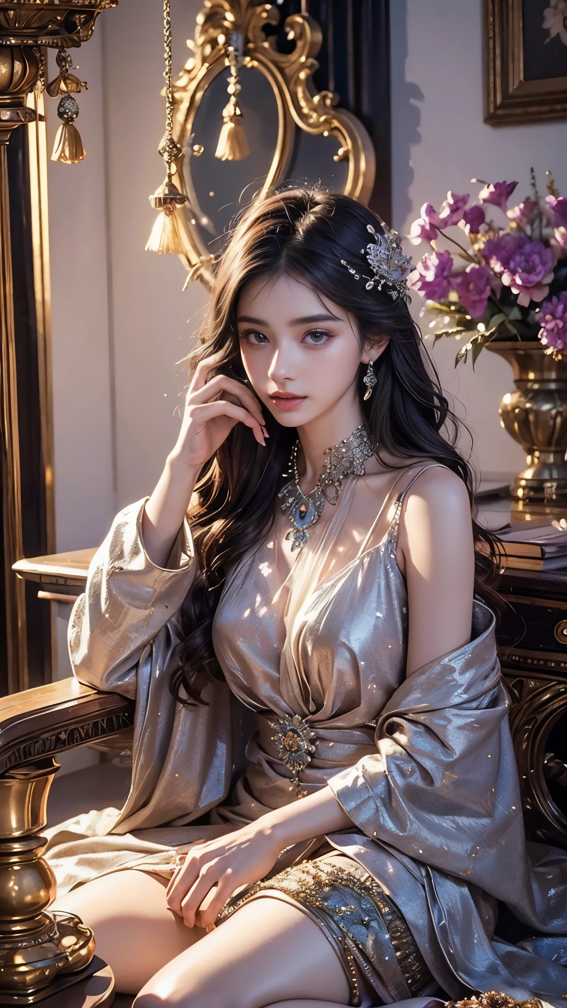 Full figure, -clinging shooting, 18 years old, wearing  firefly clothes, strap clothes, glowing clothes, detailed jewellery, ornaments, exquisite faces, details, hands, ultimate details, amazing magnificence, Pedaipan style, fiber hair, glowing silver iris, ((glowing flower)), sitting,