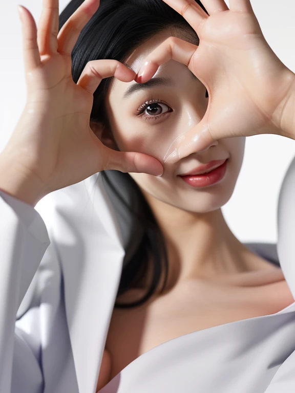 (medium shot:1.2), looking at viewer, smiling elegant slim asian woman, Korean, wearing (labcoat:1.4), black hair, (heart hands), (modern surgery room), photo, 1girl, ultra high res, realistic photorealistic, ultra-detailed, finely detailed, high resolution, perfect dynamic composition, (perfect eyes), (detailed eyes), solid circle eyes, sparkling eyes, (clean eyes), anatomically correct, super detail, textured skin, extremely detailed face and eyes, detailed facial features, ((perfect face)), wide hips