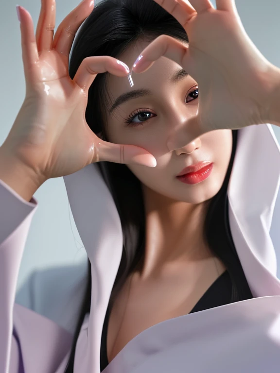 (medium shot:1.2), looking at viewer, smiling elegant slim asian woman, Korean, wearing (labcoat:1.4), black hair, (heart hands), (modern surgery room), photo, 1girl, ultra high res, realistic photorealistic, ultra-detailed, finely detailed, high resolution, perfect dynamic composition, (perfect eyes), (detailed eyes), solid circle eyes, sparkling eyes, (clean eyes), anatomically correct, super detail, textured skin, extremely detailed face and eyes, detailed facial features, ((perfect face)), wide hips