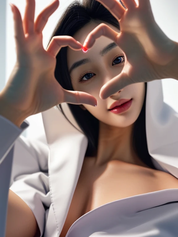 (medium shot:1.2), looking at viewer, smiling elegant slim asian woman, Korean, wearing (labcoat:1.4), black hair, (heart hands), (modern surgery room), photo, 1girl, ultra high res, realistic photorealistic, ultra-detailed, finely detailed, high resolution, perfect dynamic composition, (perfect eyes), (detailed eyes), solid circle eyes, sparkling eyes, (clean eyes), anatomically correct, super detail, textured skin, extremely detailed face and eyes, detailed facial features, ((perfect face)), wide hips