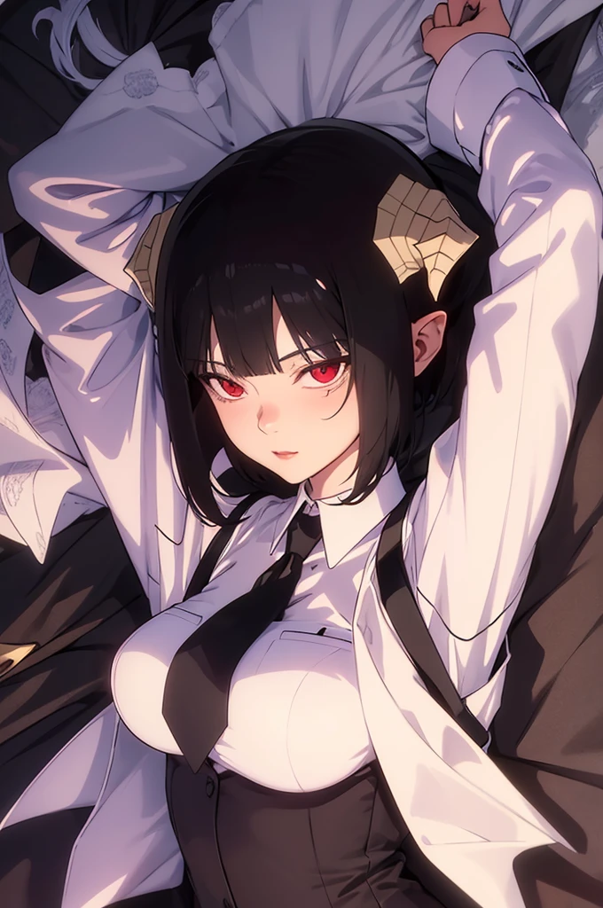 work of art, best qualityer, high resolution, 1girl horns short hair demon tail, white shirt black ascot black gloves black pants black vest lying on your back, sheet, arms up,blushed,face red,Hands behind the head,ssmile
