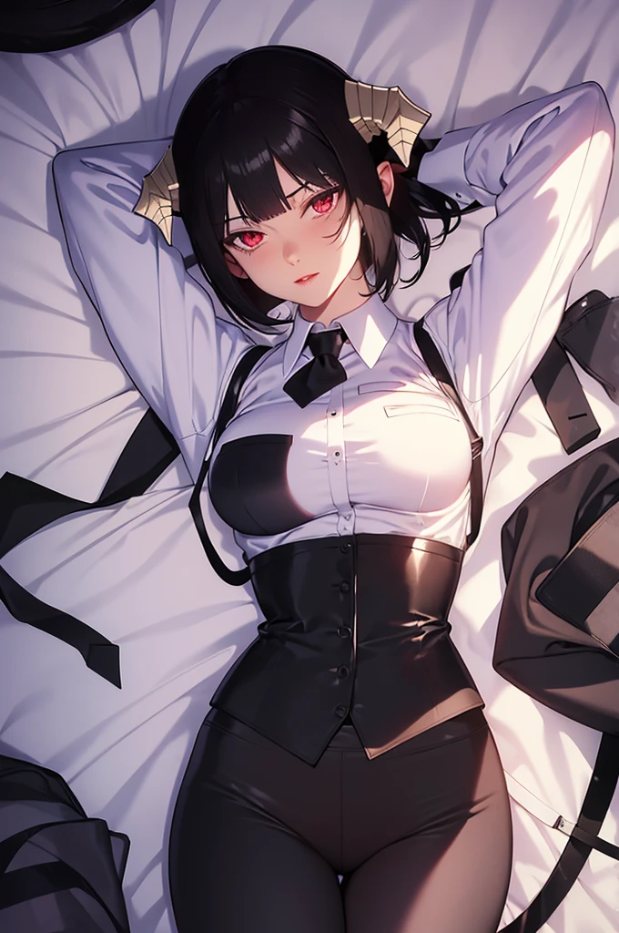 work of art, best qualityer, high resolution, 1girl horns short hair demon tail, white shirt black ascot black gloves black pants black vest lying on your back, sheet, arms up,blushed,face red,Hands behind the head,ssmile
