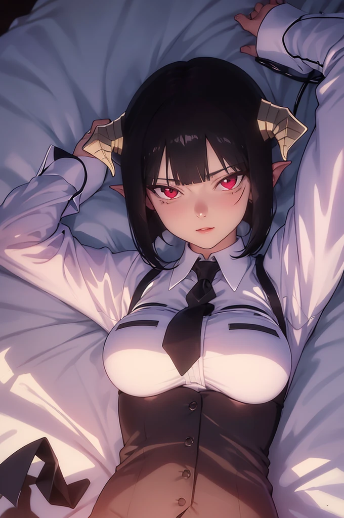 work of art, best qualityer, high resolution, 1girl horns short hair demon tail, white shirt black ascot black gloves black pants black vest lying on your back, sheet, arms up,blushed,face red,Hands behind the head,ssmile
