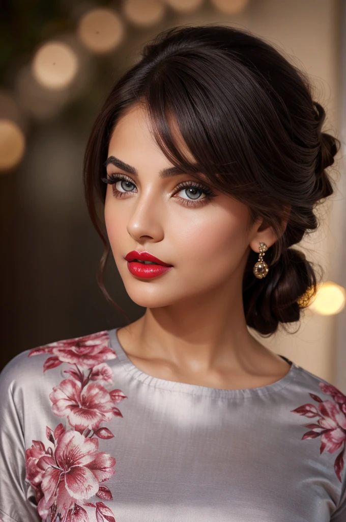 big , night bokeh effect background, perfect pink eyes, fantastic face, Indian, beautiful look, ((red lips, bright eyes, curve heir 1.5)), ((beautiful details body)), A glorious gorgeous, glorious gorgeous face, pretty face, bright eyes, detailed elegant printed shirt, updo elegant hair, blurred gray tones background, ultra focus, face ilumined, face detailed, 8k resolution, painted, dry brush, brush strokes,