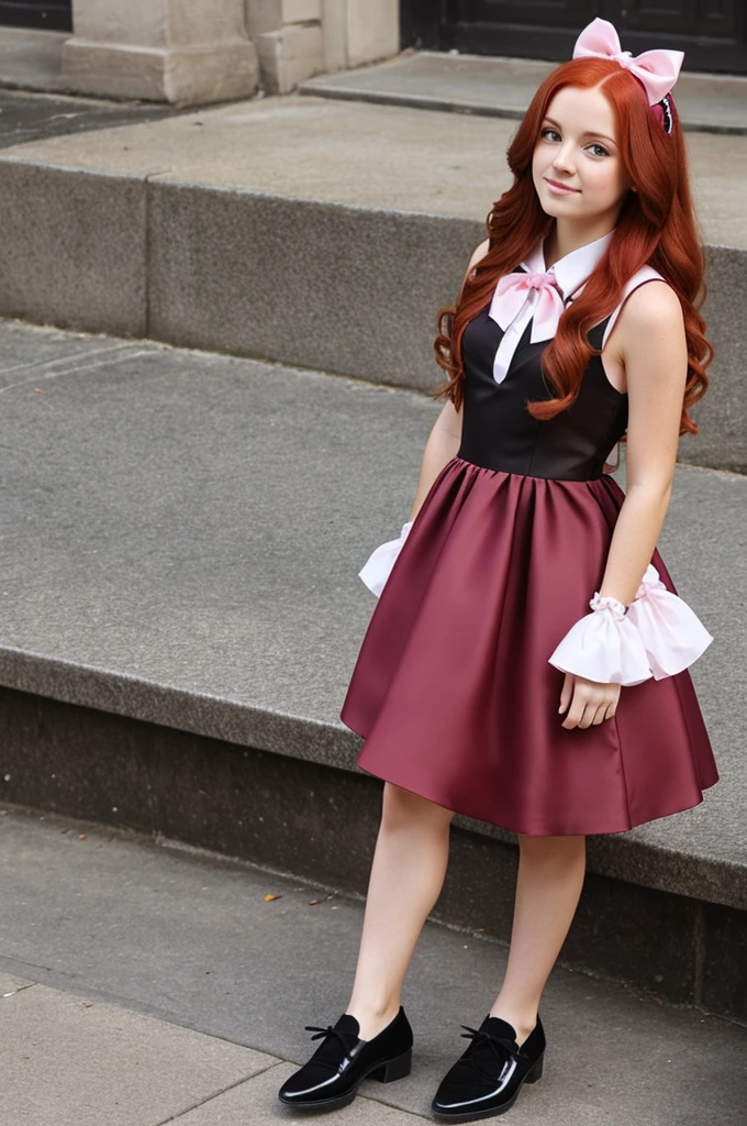 Create a with long red hair, dark brown eyes, pink dress, black shoes and a white bow in her hair