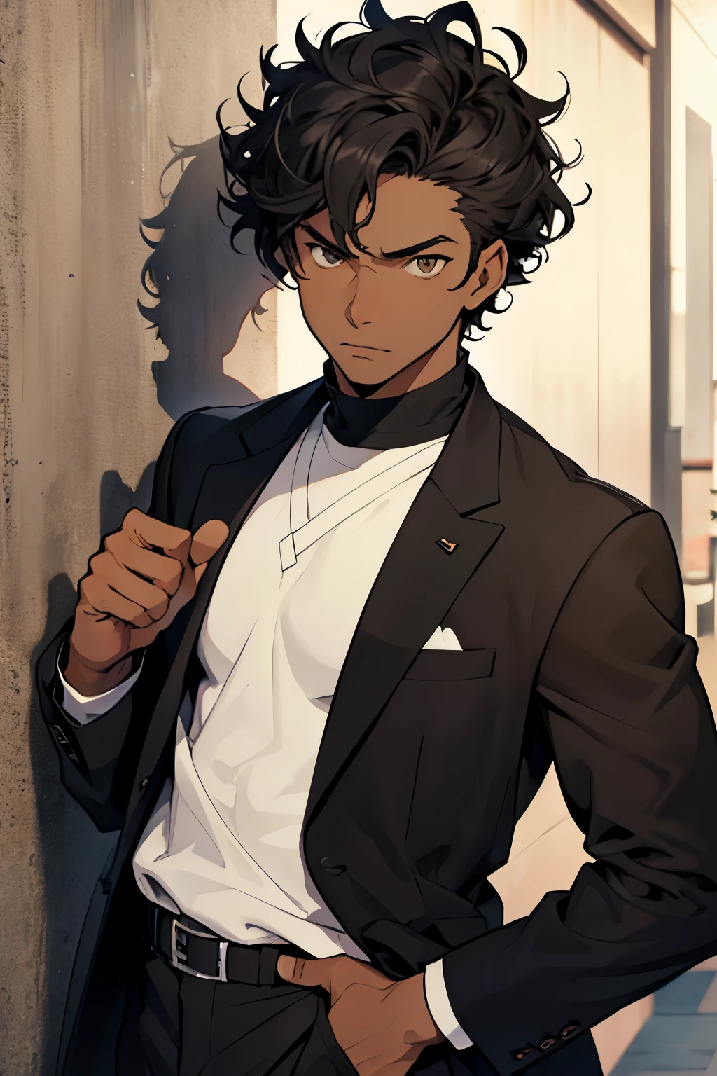 Anime styles, black man with brown eyes, slim, gray suit, thoughtful expression, short curly black hair, hotel wall background, pointing at something on the horizon with index finger up, as if giving an explanation