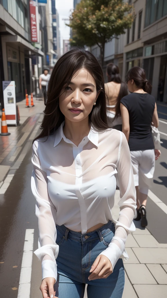 ((Highest quality)), ((8K)), ((masterpiece: 1.3)), (Perfect appearance), (Photorealism: 1.6), (TIF), (JMA), (Rainy city street corner), (雨に濡れて歩く1人のJapanese Mature), BREAK(傘無しで歩くJapanese Mature),BREAK (Sidewalk in an office district), (Detailed Background), (Heavy rain), (Soaking wet), (Full body portrait), (60 years old, Japanese Mature), ((Realistic skin texture)), (Fine wrinkles all over the skin), (Dullness), (Facial wrinkles), (Wrinkles around the eyes), double eyelid, Tear bags under the eyelids, Melancholic expression, Raindrops running down my face, Short bangs, Straight Long Hair, Rain-soaked hair, (Raindrops on hair), BREAK(Tight-fitting white shirt),BREAK (Pale beige flared pants), (Shirts that get wet and adhere to the skin),  (A wet shirt is transparent), (Wet flare pants are visible through the fabric), High heels,