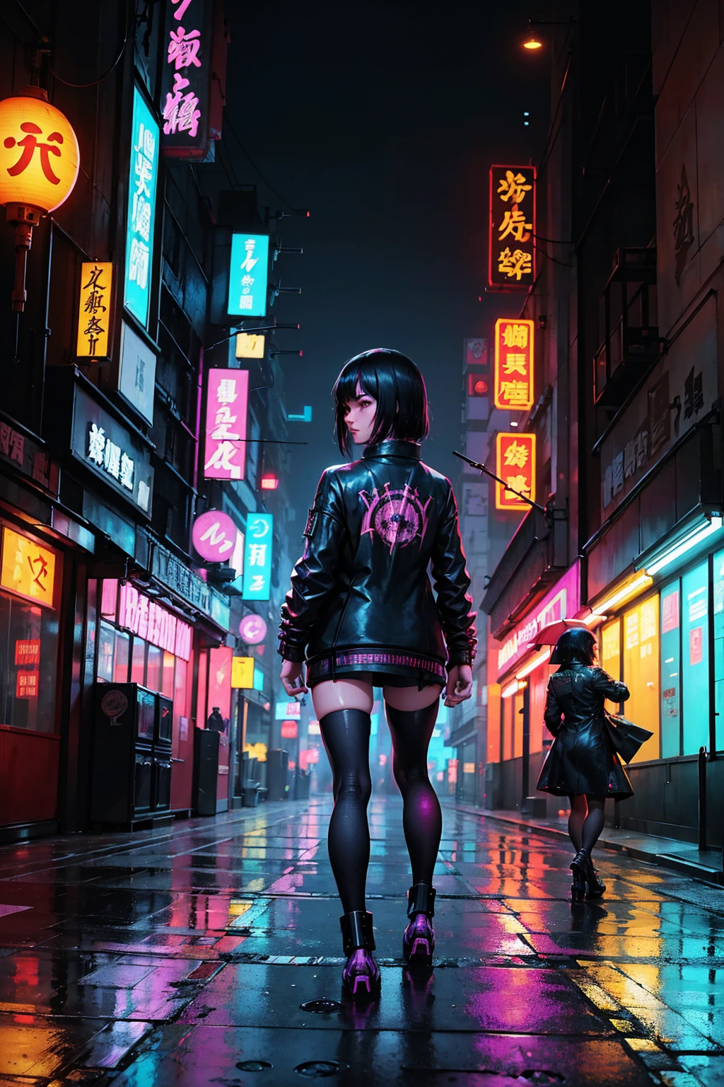 a person walking down a street with a umbrella in the rain, inspired by Liam Wong, china town blade runner, by Kilian Eng, ( ( ( ( ( dan mumford ) ) ) ) ), cyberpunk street, cyberpunk streets in japan, cyberpunk anime art, cyberpunk art style, cyberpunk alley, by Liam Wong, kowloon cyberpunk, cyberpunk themed art, cyberpunk aesthetics