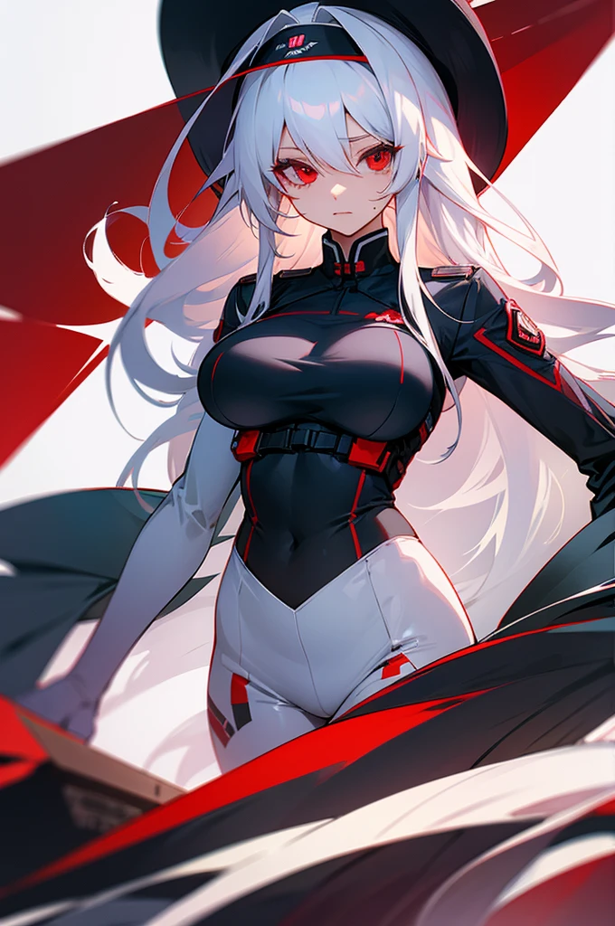 Woman long white hair red eyes big breast uniform