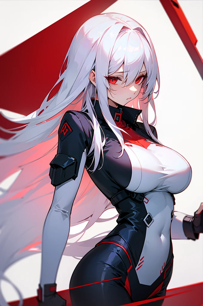 Woman long white hair red eyes big breast uniform