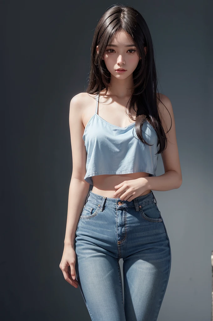 girl with a perfect figure, blue short jean, long hair, high contrast (Natural skin texture, Hyperrealism, Soft Light, sharp), portrait, standing