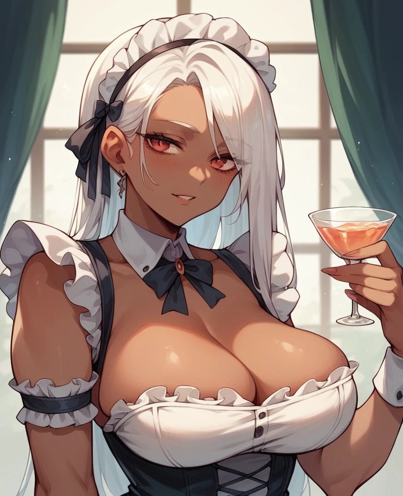 Maid woman with dark skin long white hair with big breasts 