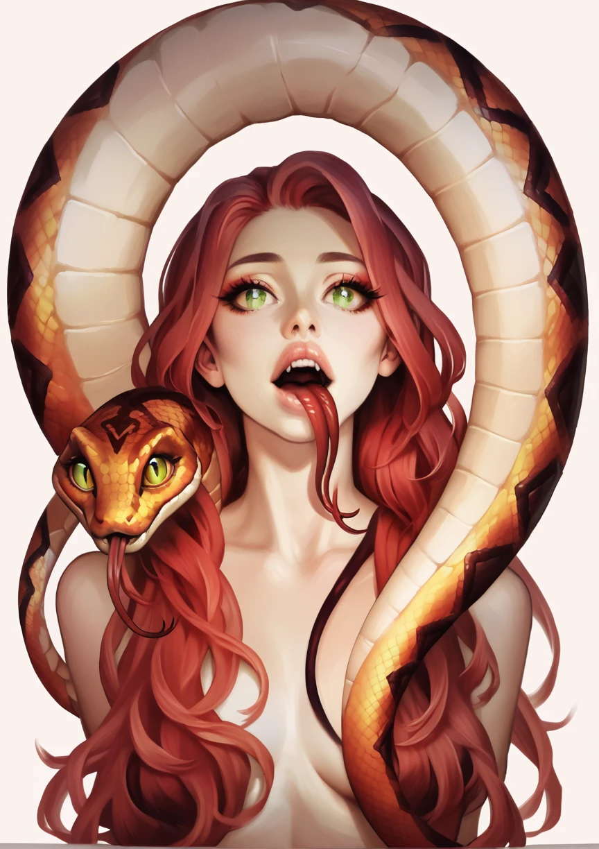 1girl, snake girl, monstergirl, snake tail, snake tail from waist down, entire girl, long hair, red hair, beautiful detailed eyes, beautiful detailed lips, extremely detailed eyes and face, long eyelashes, two eyes, green eyes, forked tongue, human torso, small fangs, digital art, (best quality,4k,8k,highres,masterpiece:1.2),ultra-detailed,(realistic,photorealistic,photo-realistic:1.37),hyperrealistic, intricate details, cinematic lighting, dramatic lighting, fantasy, anime style, vibrant colors, red and black color scheme