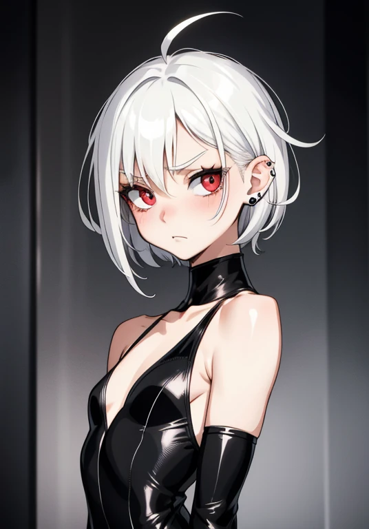 ,flat chested, flat stomach, tiny body, small stature, high quality image of an anime-style gothic girl, the girl has a very thin body, the girl has short legs, fine and thin face, her face is sad, the girl has white skin, the girl has very small breasts, The girl is slightly blushing, the girl has little ears, the girl has white hair, the girl has short hair, the girl is posing sexy, the girl is wearing a sexy black tight leotard, the girl's eyes are bright red, the girl has very marked black eyeliner, The background of the image is a night garden with luminous ghosts,