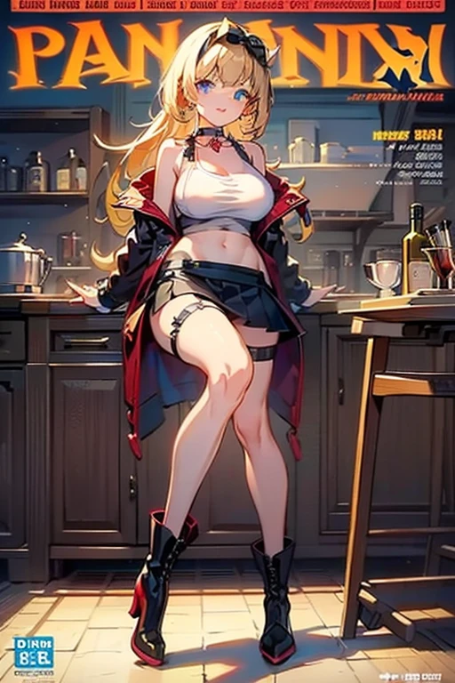 (masterpiece:1.2), (Military uniform magazine cover:1.4),best quality,PIXIV,Sweet girl , sexy posture,1girl, (perky chest:1.2), rolling upskirt by wind:1.6, (with sparkling eyes and a contagious smile),open mouth, (pointed chest:1.2),fishnets, black hair, boots, long hair, black nails, skirt, shirt, solo, black footwear, bag, black skirt, jewelry, jacket, on head, black jacket, thigh strap, bangs, necktie, earrings, nail polish, multicolored hair, looking at viewer, full body, bottle, own hands together, belt, jacket on shoulders, food, cats on head, black necktie, ring, choker, english text, collared shirt, blue eyes, platform boots, hat, lace-up boots ,masterpiece、highest quality、Very detailed、An illustration、Beautiful fine details、One Girl、cute、Detailed landscape、Training Room Background:1.4、Platinum Blonde Hair、Braided Ponytail、Red camisole、((D cup breasts, Tank top showing underboob:1.3))
