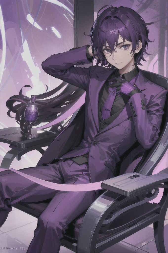 arafed man in a purple suit with a blindfold, an album cover inspired by Luo Mu, tumblr, digital art, guy using the purple fancy suit, cai xukun, dark purple garments, purple leather garments, material is!!! plum!!!, purple skin color, purple clothes, a purple suit jacket, izumi, purple color-theme, smooth purple skin, purple chair