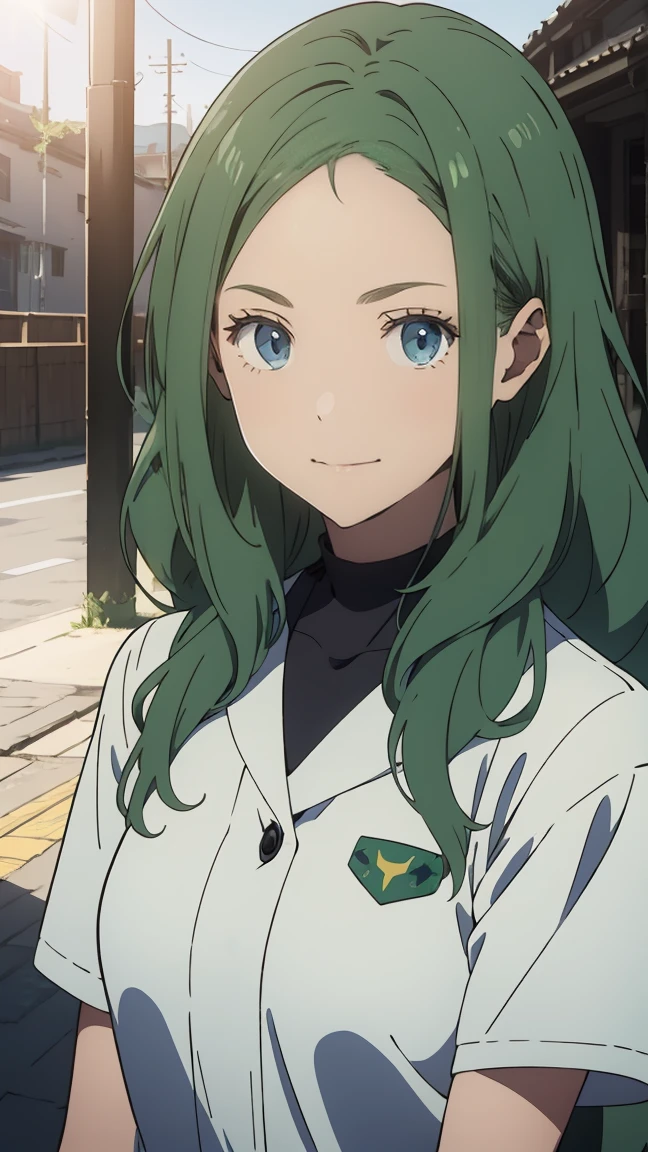 green eyes, (green hair),((wavy hair)),  uniform,one girl, alone,very beautiful, best quality, amazing quality, curated, shape, highly detailed, anime coloring,highly detailed, official art, warm tones, sun flare, soft shadows, vibrant colors,highly detailed, official art,((hairstyle with bangs)),facial expression pattern,smile,