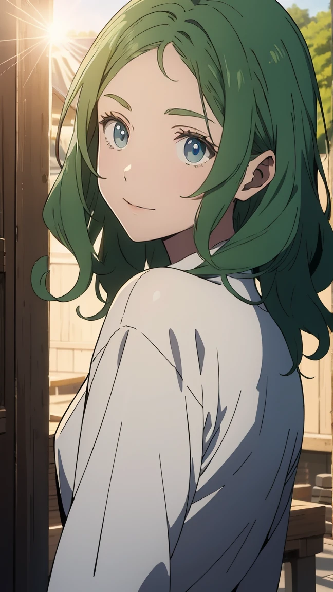 green eyes, (green hair),((wavy hair)),  uniform,one girl, alone,very beautiful, best quality, amazing quality, curated, shape, highly detailed, anime coloring,highly detailed, official art, warm tones, sun flare, soft shadows, vibrant colors,highly detailed, official art,((hairstyle with bangs)),facial expression pattern,smile,