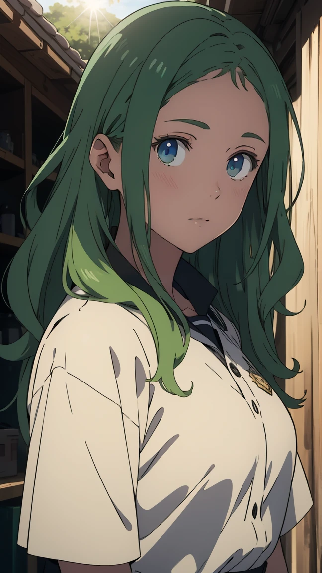 green eyes, (green hair),((wavy hair)),  uniform,one girl, alone,very beautiful, best quality, amazing quality, curated, shape, highly detailed, anime coloring,highly detailed, official art, warm tones, sun flare, soft shadows, vibrant colors,highly detailed, official art,((hairstyle with bangs)),facial expression pattern,smile,