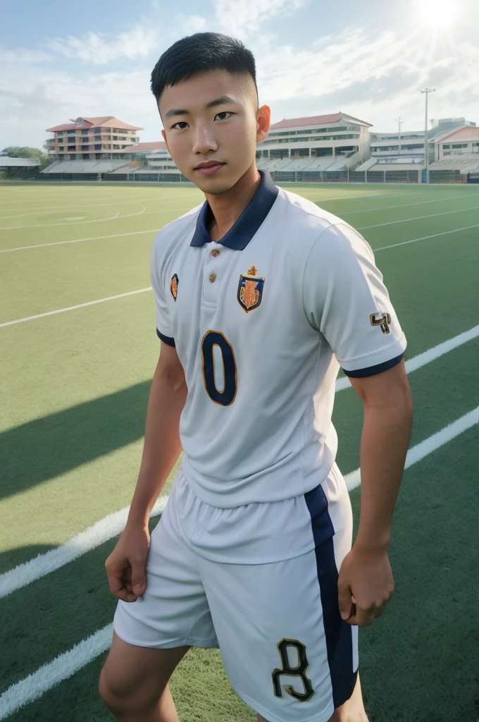 young asian man Looking at the camera in a sports shirt , Fieldside, beach, sunlight, looking at the football field