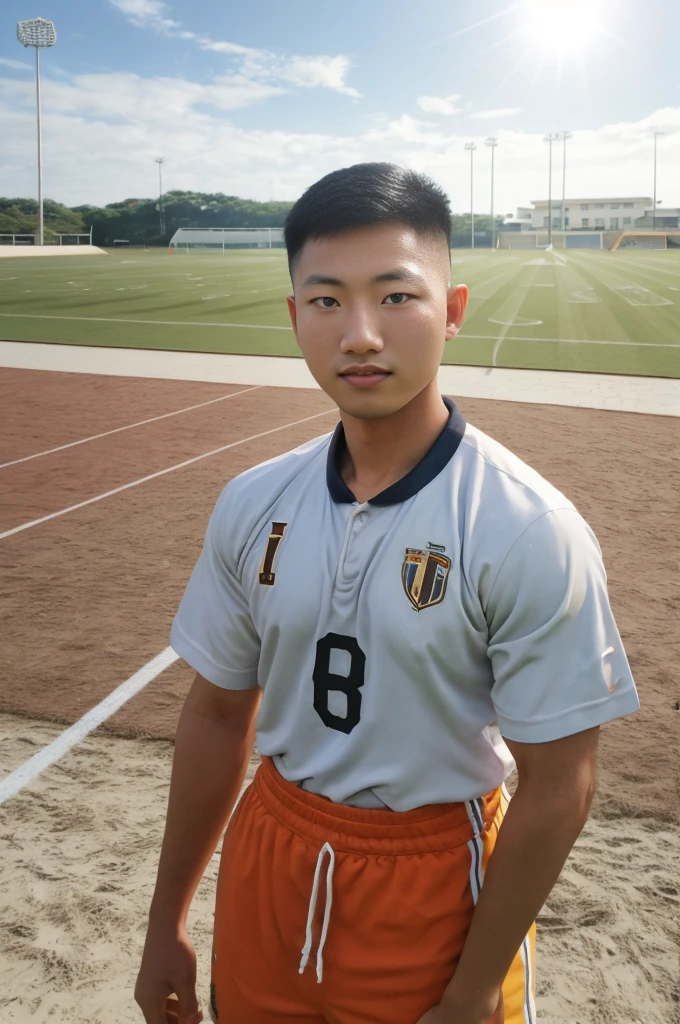 young asian man Looking at the camera in a sports shirt , Fieldside, beach, sunlight, looking at the football field