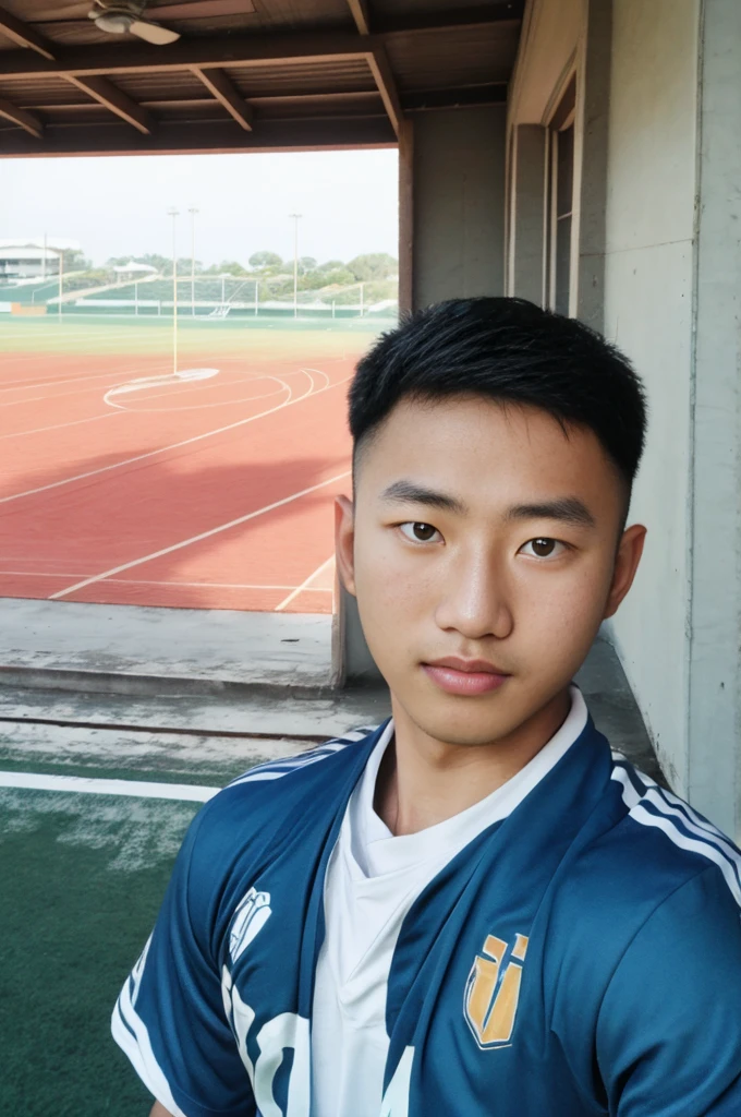 young asian man Looking at the camera in a sports shirt , Fieldside, beach, sunlight, looking at the football field