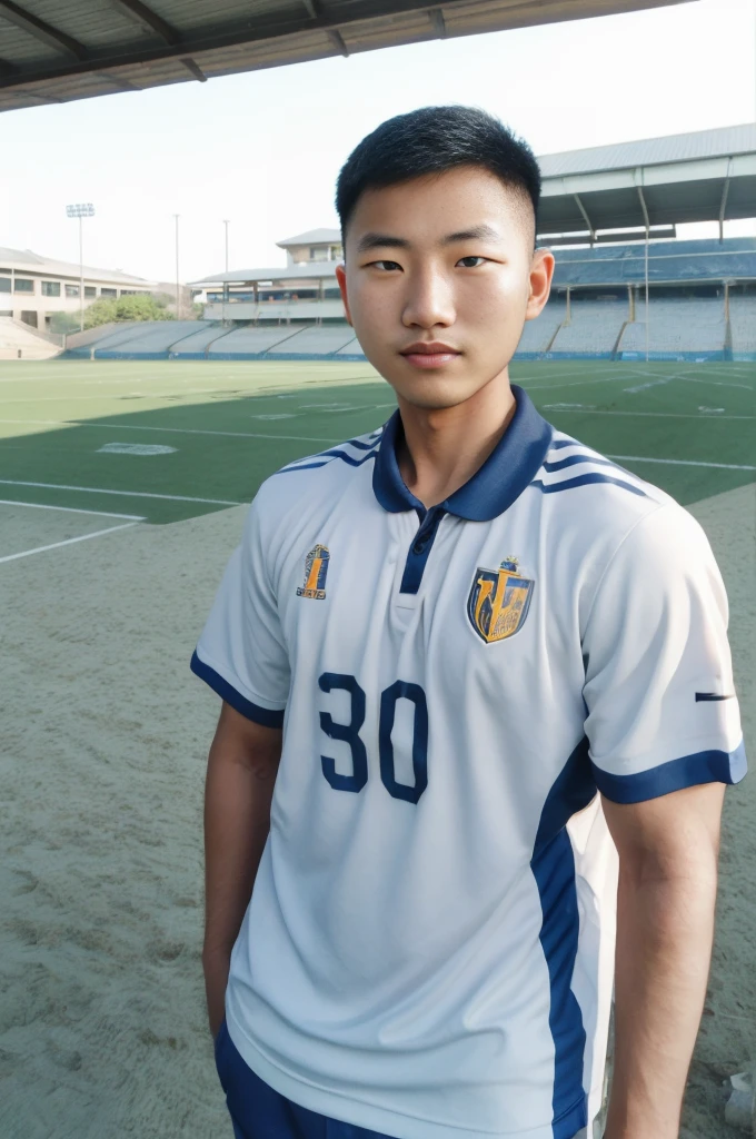 young asian man Looking at the camera in a sports shirt , Fieldside, beach, sunlight, looking at the football field
