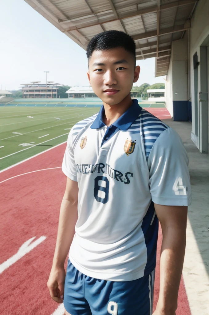 young asian man Looking at the camera in a sports shirt , Fieldside, beach, sunlight, looking at the football field